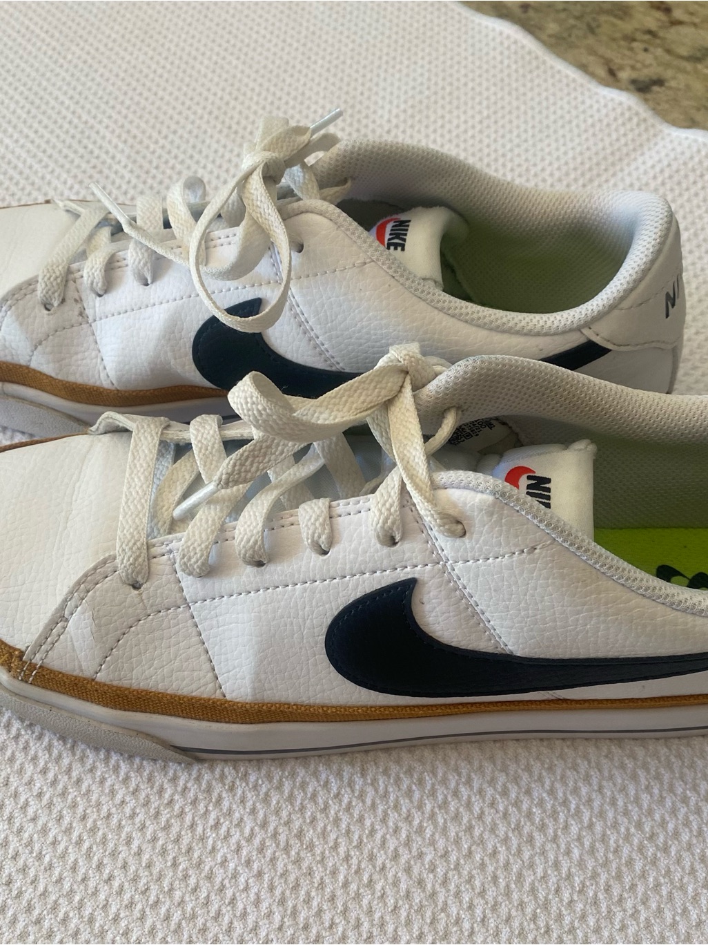 Nike Court Legacy White Leather Sneakers With Black Swoosh And Tan Sole Trim